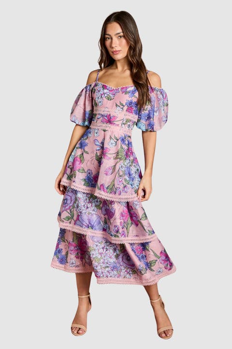 Printed Organza Lace Midi Dress