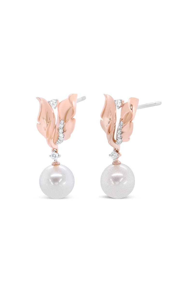 14K Rose Gold 1/6 Cttw Round Diamond and 8mm Round Pearl Floral Drop Stud Earrings, Main, color, Pink