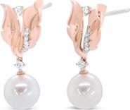 Haus of Brilliance 14K Rose Gold 1/6 Cttw Round Diamond and 8mm Round Pearl Floral Drop Stud Earrings