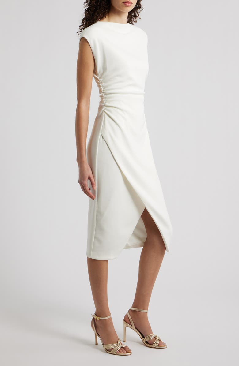 Vince Camuto Cap Sleeve Ruched Scuba Crepe Midi Dress, Alternate, color, Ivory