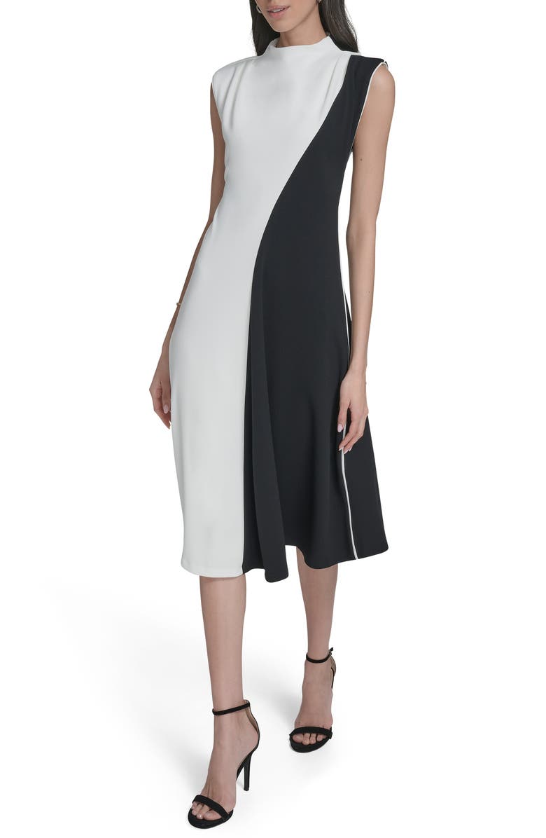 Calvin Klein Colorblock Midi A-Line Dress, Main, color, Cream/ Black