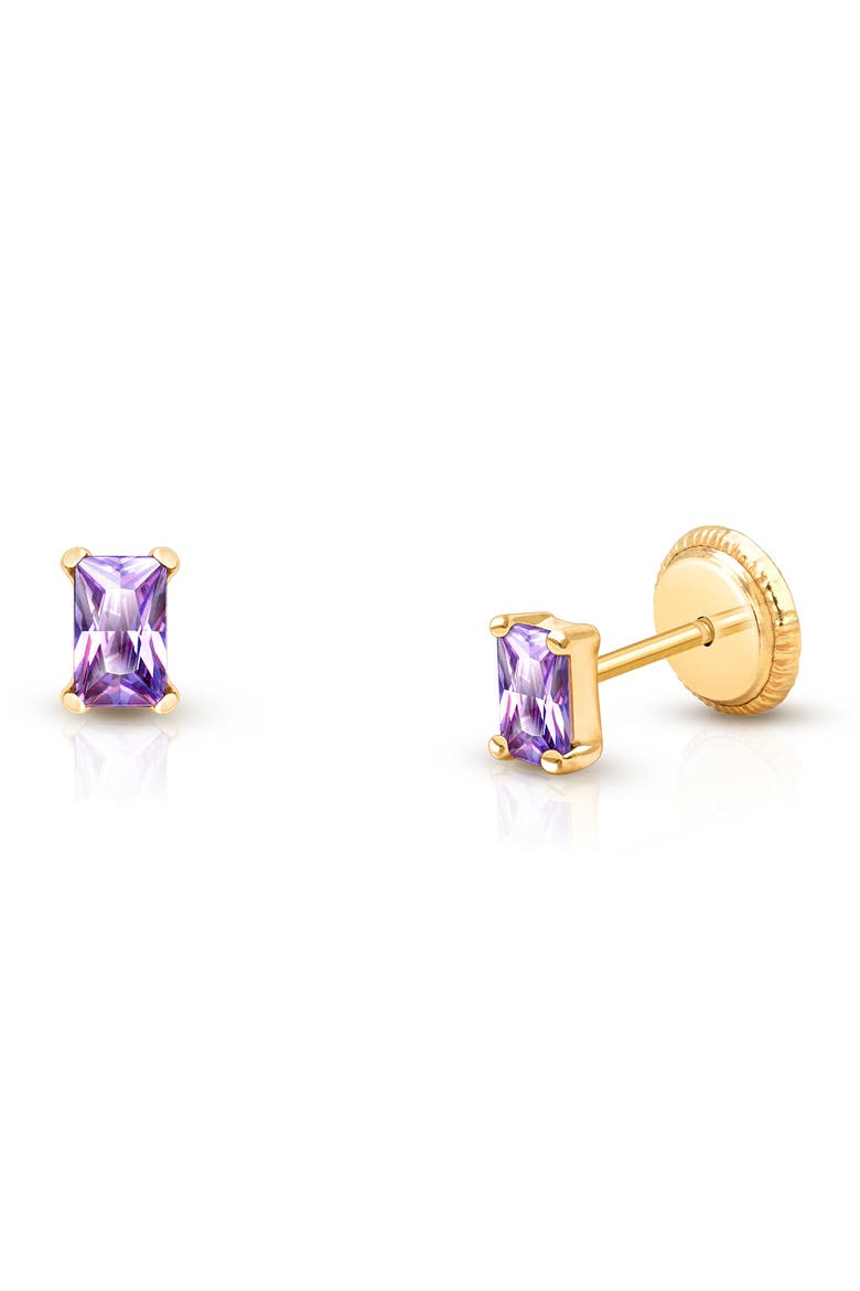 14k Gold Radiant-Cut Purple CZ Studs Screw Back Earrings, Main, color, 14K Yellow Gold