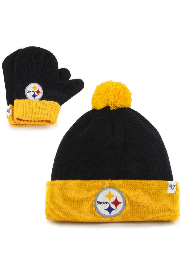 Infant '47 Black/Gold Pittsburgh Steelers Bam Bam Cuffed Knit Hat With Pom and Mittens Set, Main, color, Black