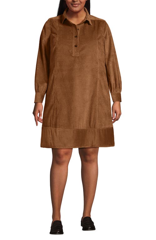 Lands' End Plus Size Wide Wale Cord Popover Long Sleeve Shirt Dress In Brown