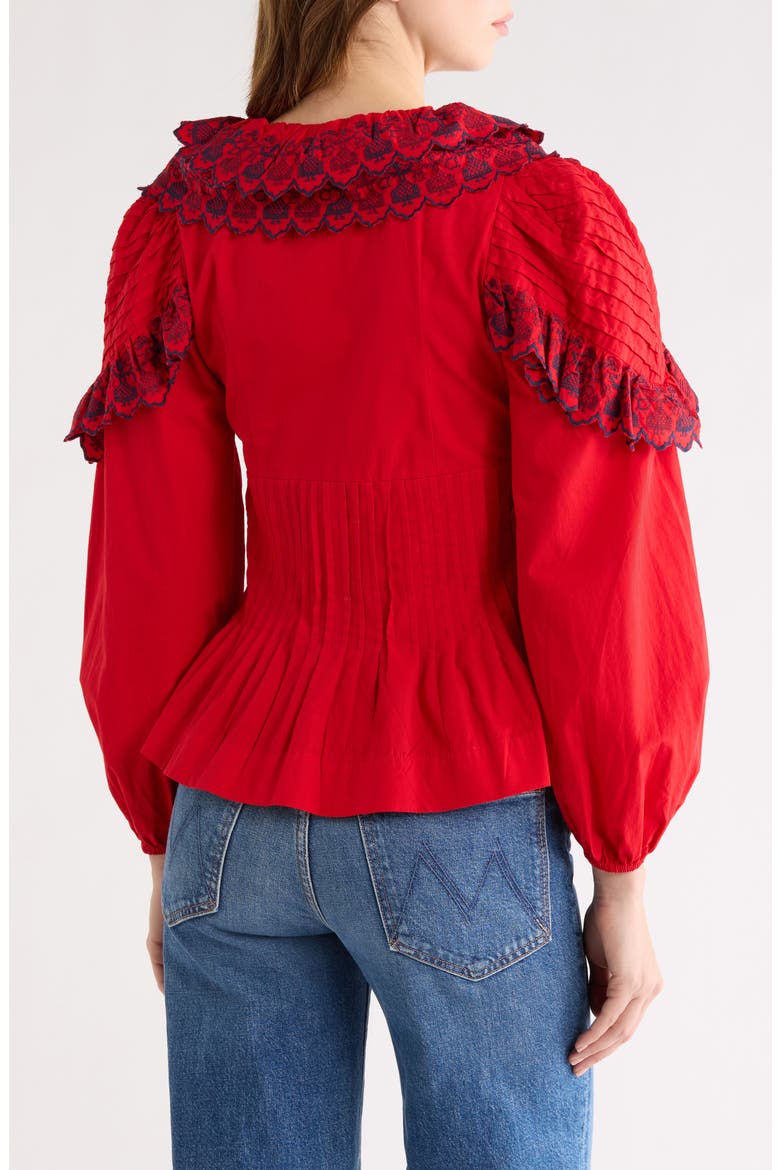 Caroline Embroidered Organic Cotton Peplum Top, Alternate, color, RED