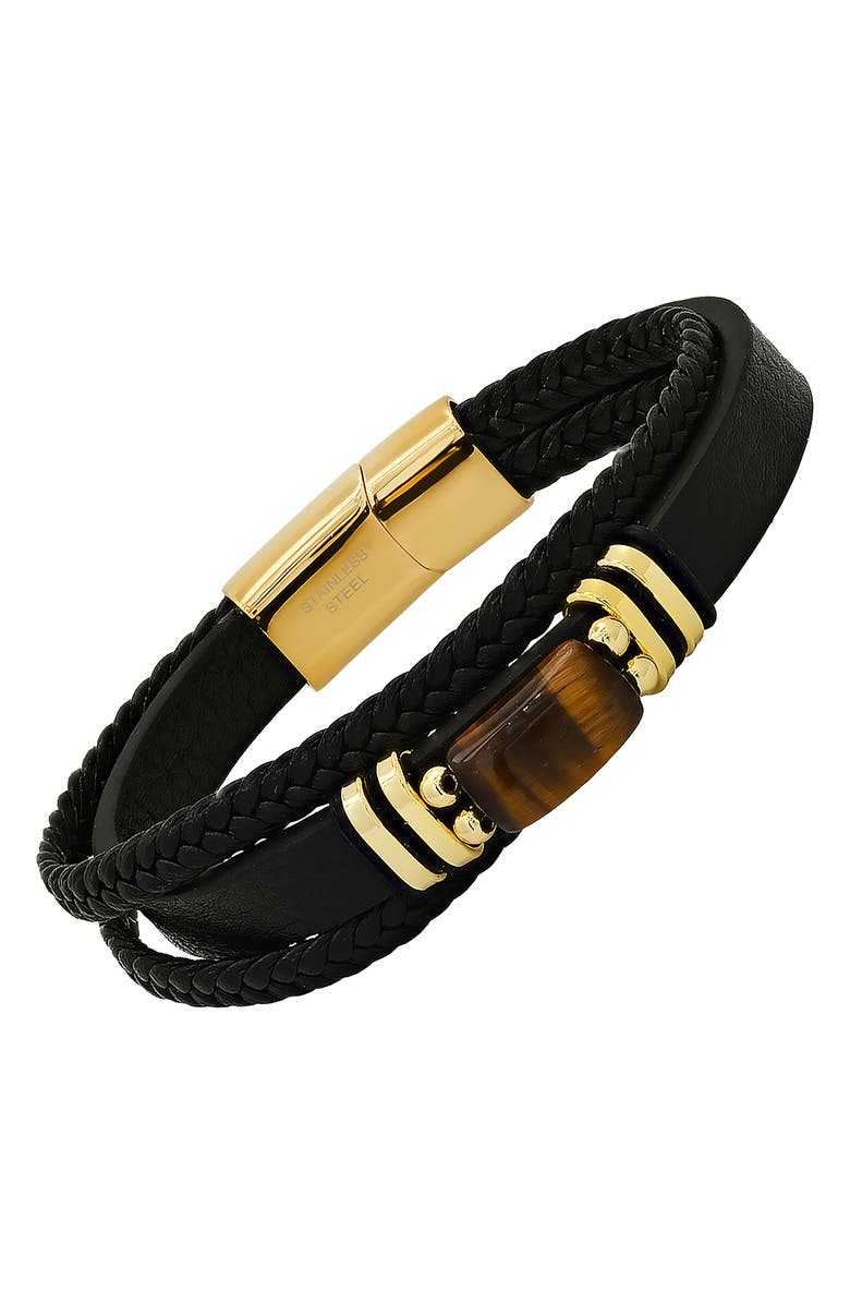 HMY JEWELRY Men's 18K Gold Plated Tiger's Eye Layered Leather Bracelet, Alternate, color, Gold/Black/Brown