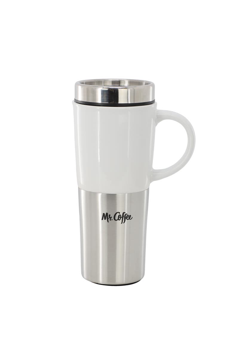 Mr. Coffee Travertine 4 Piece 16 Ounce Stoneware and Stainless Steel Travel Mug With Lid, Alternate, color, White