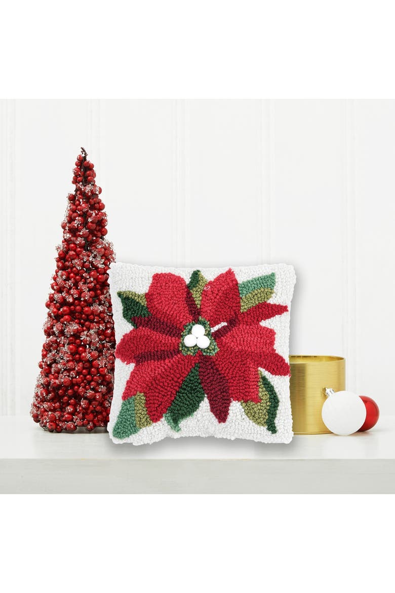 Poinsettia Christmas Hooked Mini Accent Pillow 8" x 8", Alternate, color, Green