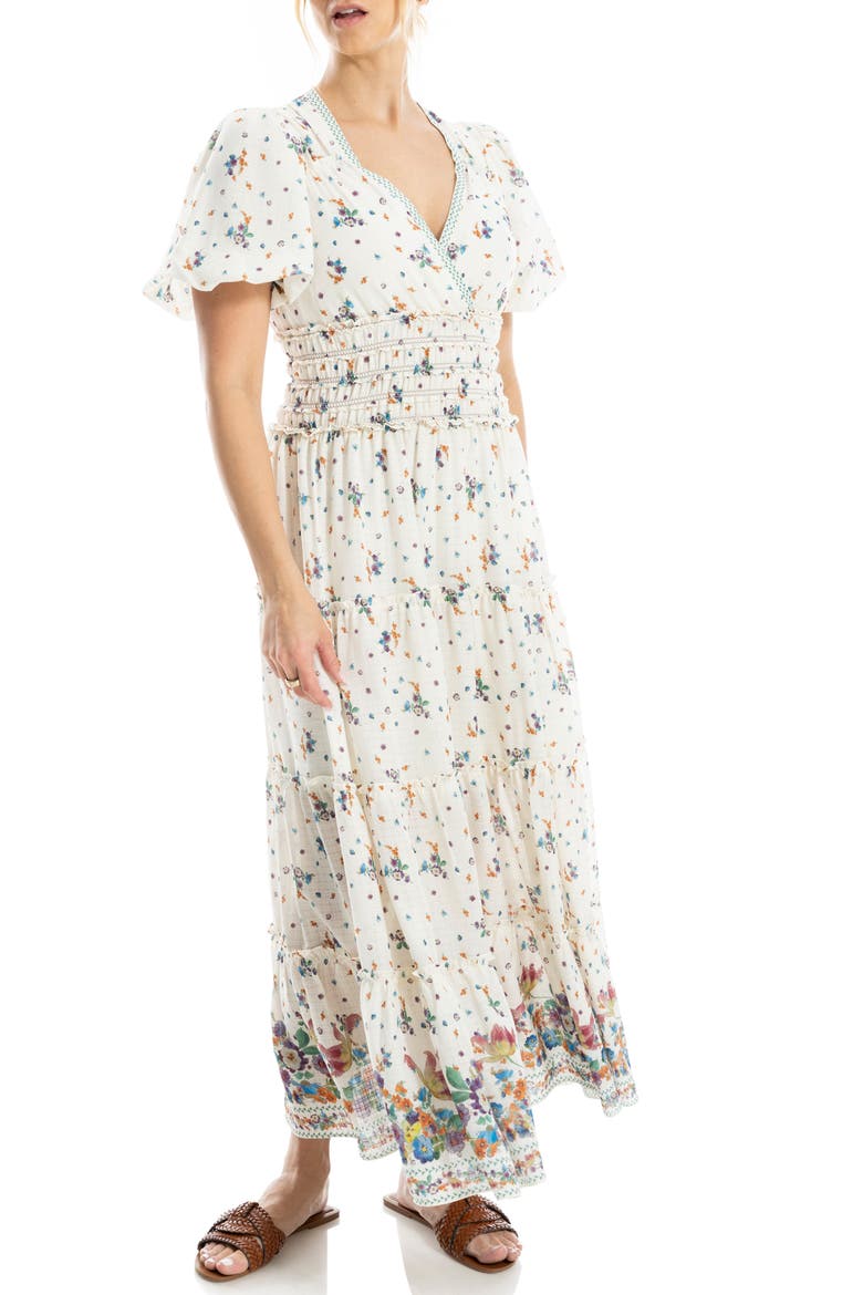 Short Sleeve V-Neck Maxi Dress, Alternate, color, CREAM/ PURPLE BLUSH