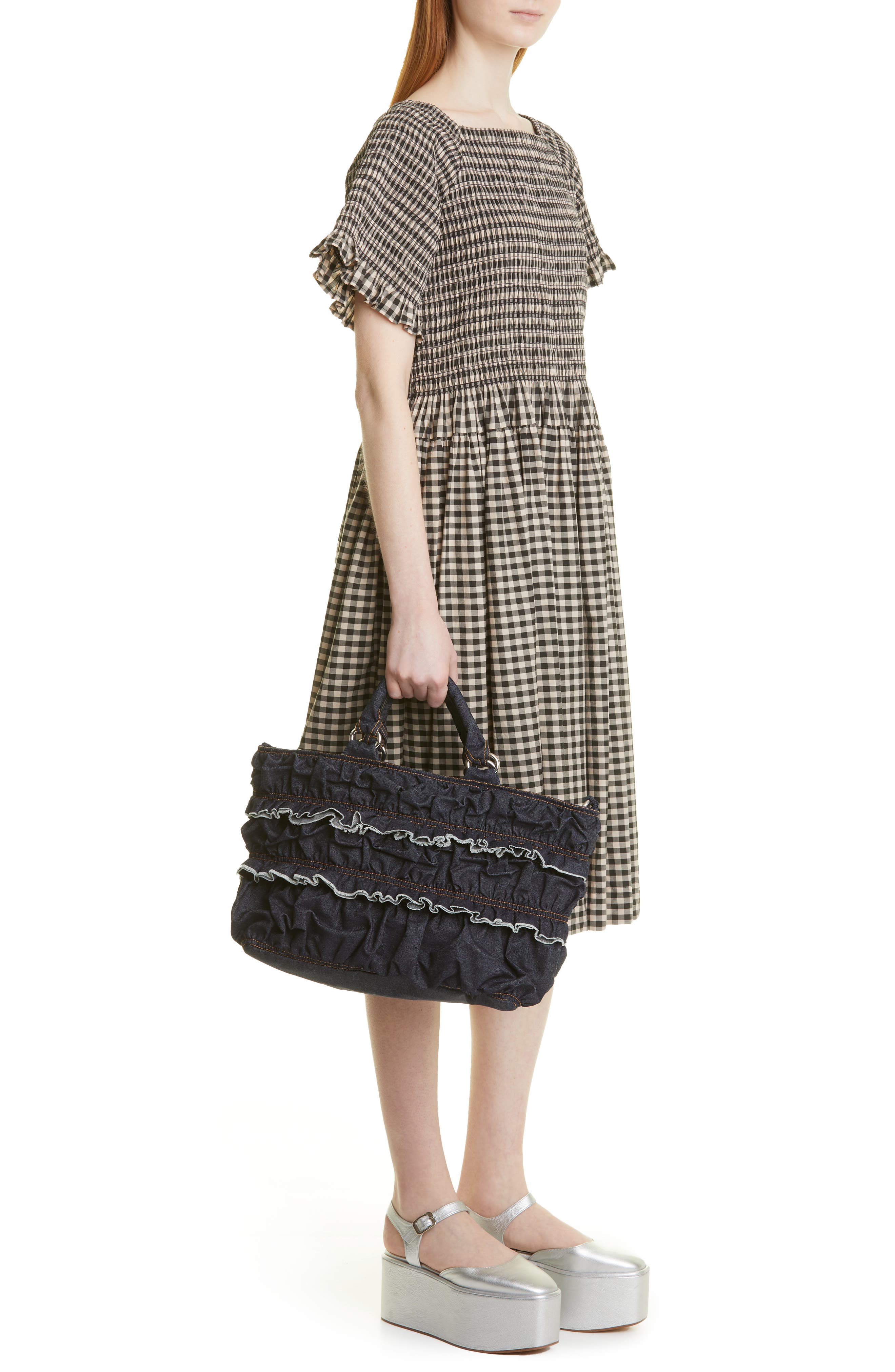 Molly Goddard Frill Denim Top Handle Bag, Alternate, color, 