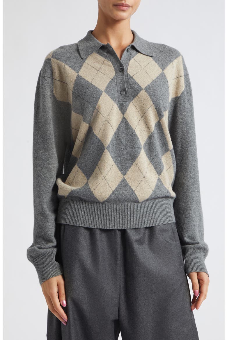 Argyle Plaid Mouliné Polo Sweater, Alternate, color, GREY / OAT CHECK