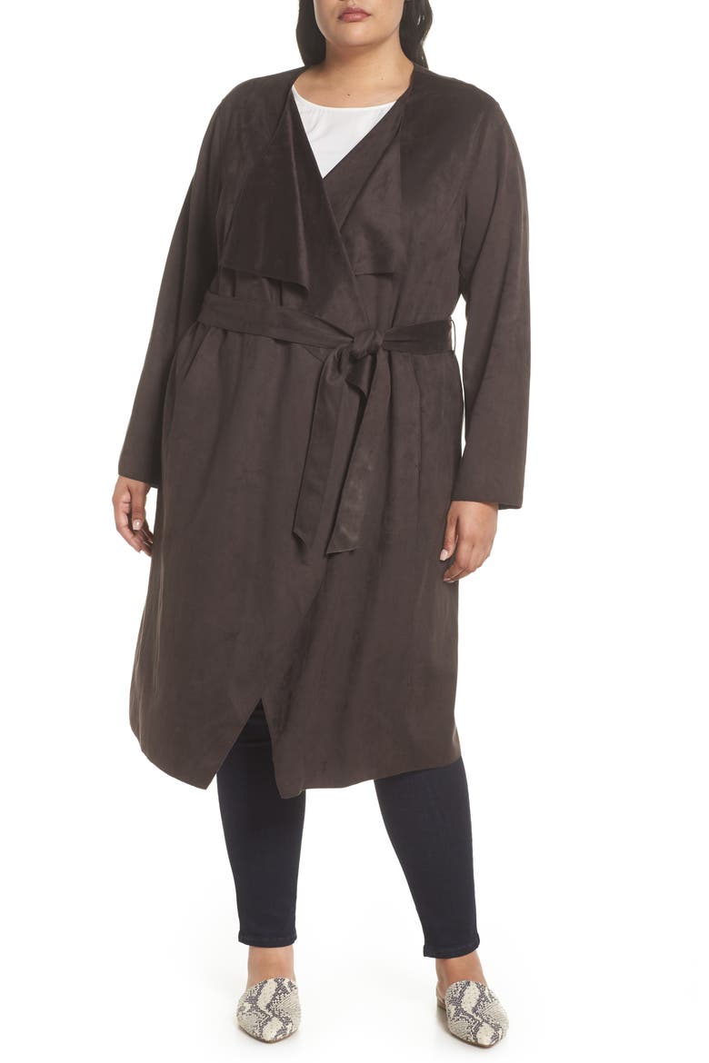 Faux Suede Front Drape Trench Coat, Alternate, color, COFFEE