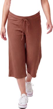 24seven Comfort Apparel Maternity Basic Ribbed Knit Drawstring Flared Capri Pants