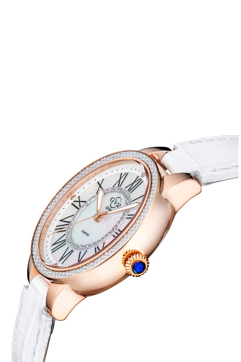 Astor II Swiss Diamond Leather Strap Watch, 36mm - 0.0193 ctw, Alternate, color, WHITE