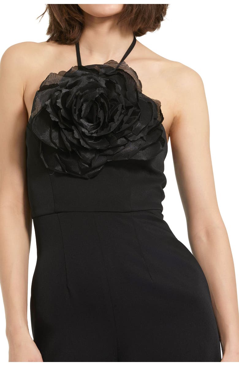 Mac Duggal Crepe Halter Neck Flower Detail Jumpsuit, Alternate, color, Black