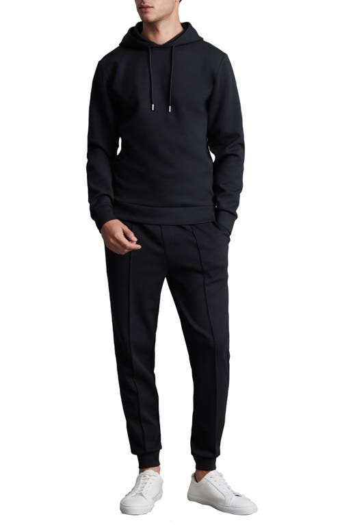Reiss Navy Plain Interlock Jersey Drawstring Hoodie In Black
