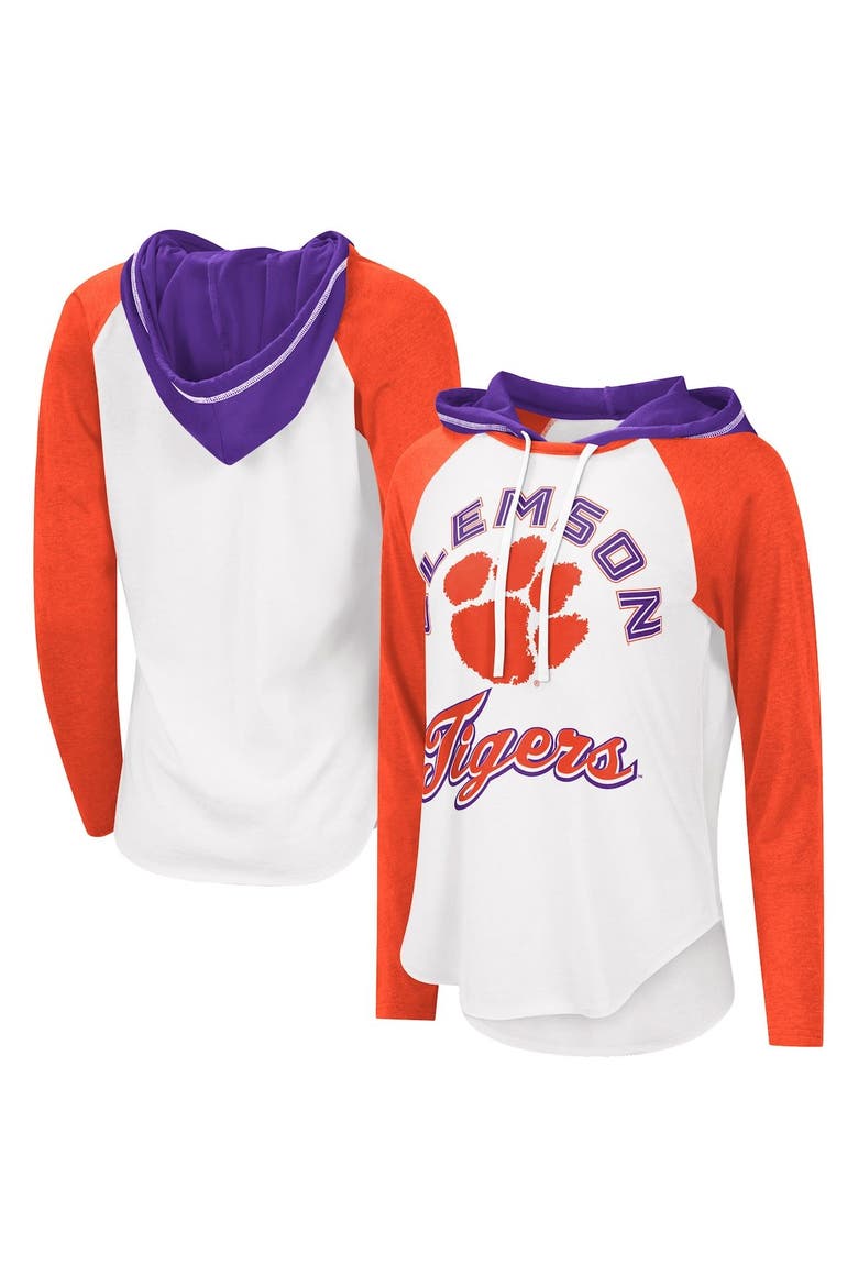 Women's G-III 4Her by Carl Banks White/Heathered Orange Clemson Tigers From the Sideline Raglan Hoodie Long Sleeve T-Shirt, Main, color, White