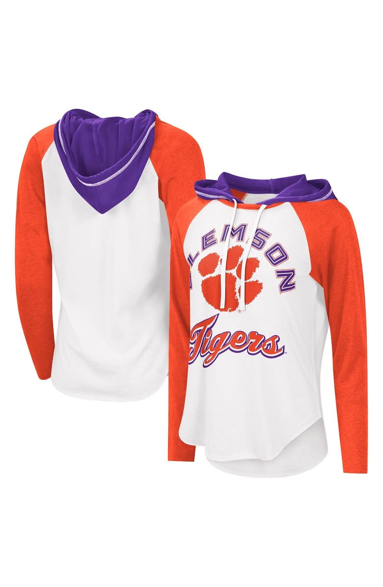 G-III 4HER BY CARL BANKS Women's G-III 4Her by Carl Banks White/Heathered Orange Clemson Tigers From the Sideline Raglan Hoodie Long Sleeve T-Shirt, Main, color, 