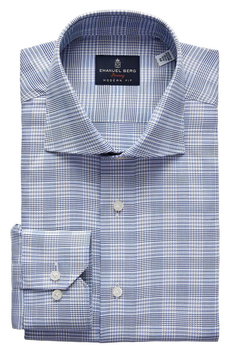 Emanuel Berg Modern Fit Check Cotton Dress Shirt, Main, color, Navy