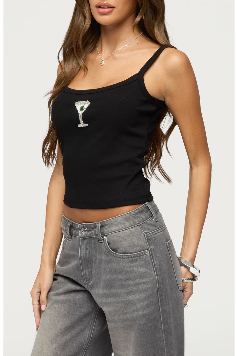 Martini Babe Bead Embellished Ribbed Tank Top, Alternate, color, BLACK