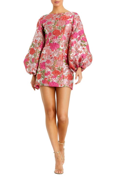 Brocade Floral Balloon Sleeve Mini Dress