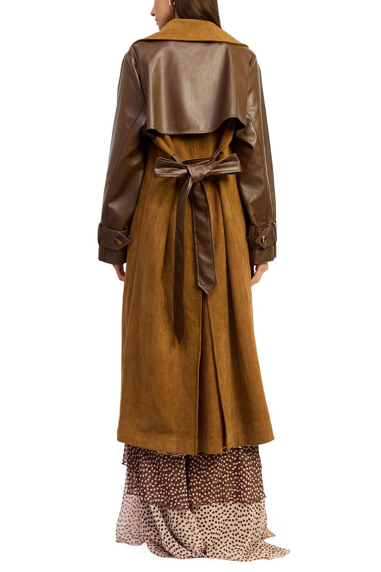 Yumi Faux Leather Trim Trench Coat, Alternate, color, BROWN