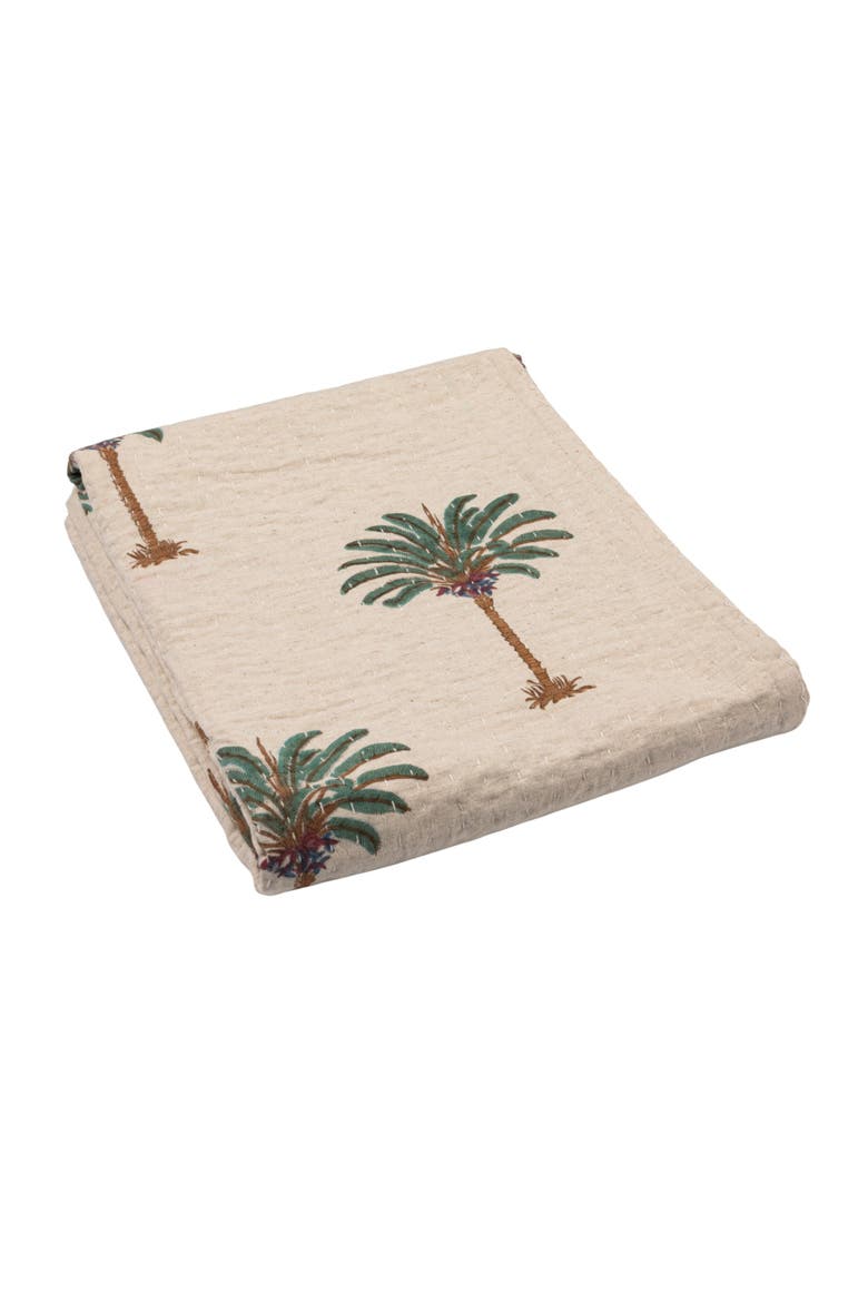 Cotton Linen Blend Block Printed Throw with Palm Trees and Kantha Stitch, Natural, Green and Brown, Main, color, Natural