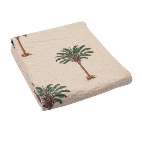 Cotton Linen Blend Block Printed Throw with Palm Trees and Kantha Stitch, Natural, Green and Brown