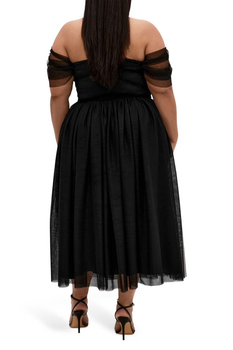 Lulu Off the Shoulder Tulle Midi Dress, Alternate, color, BLACK