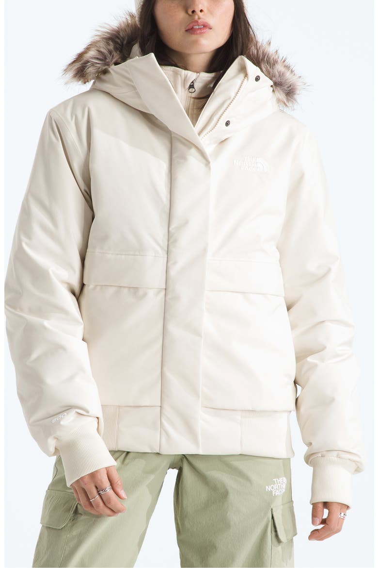 Arctic Water Repellent 600 Fill Power Down Bomber Jacket with Faux Fur Trim, Main, color, WHITE DUNE