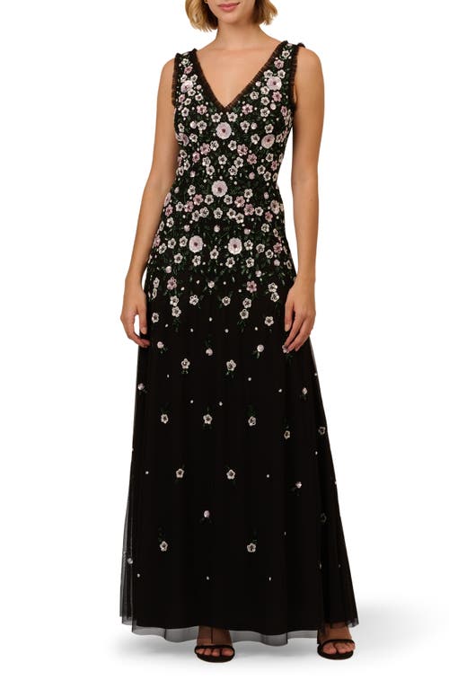 Adrianna Papell Beaded Floral Mesh A-line Gown In Black Multi