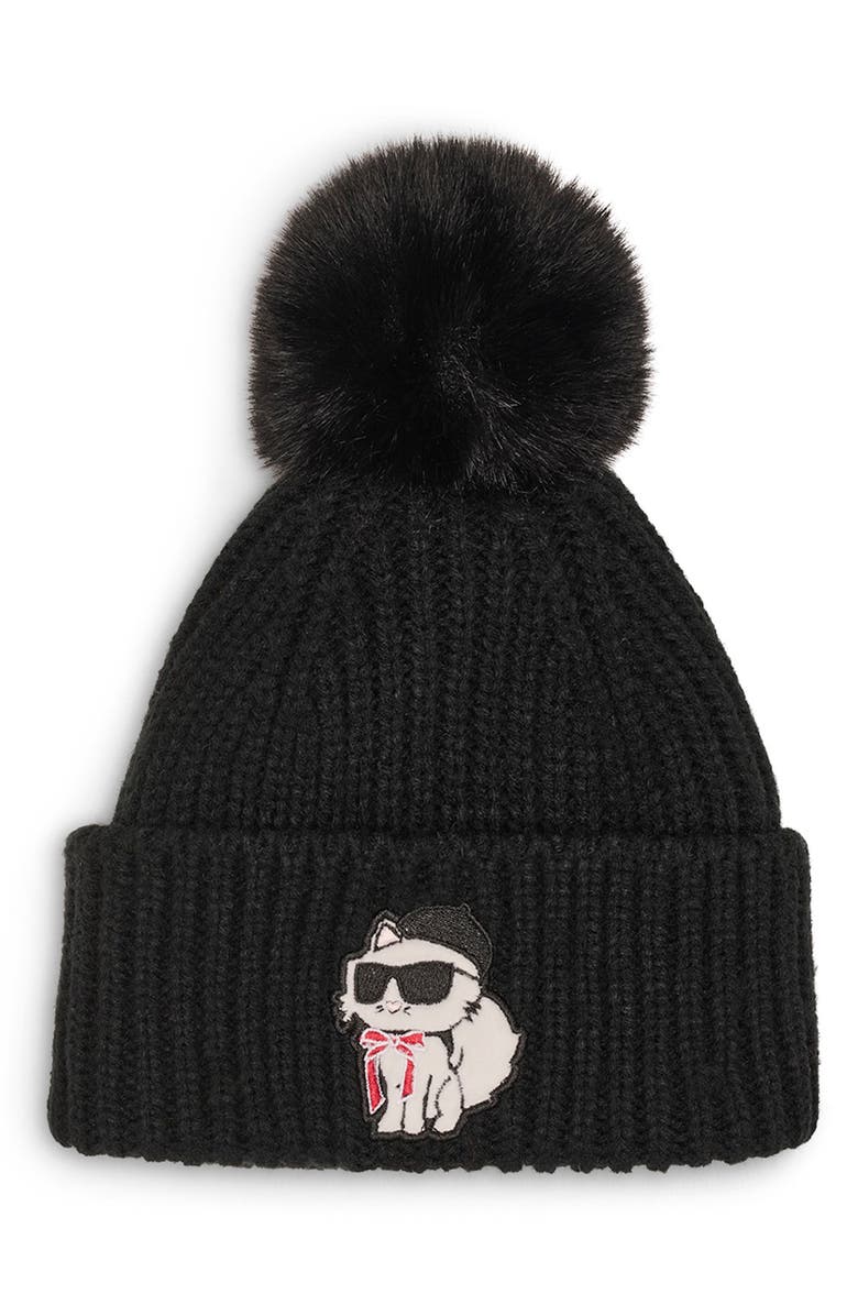 KARL LAGERFELD PARIS Sassy Choupette Faux Fur Pompom Beanie, Main, color, 