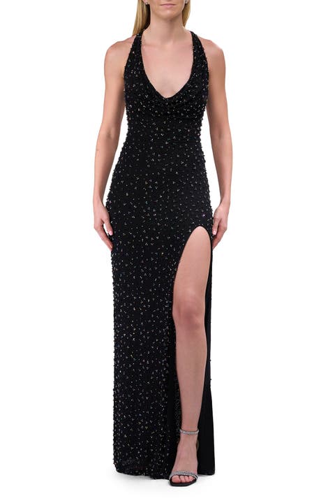 Beaded Fitted Stretch Net Dress with Halter Top