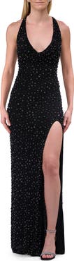 La Femme Beaded Fitted Stretch Net Dress with Halter Top