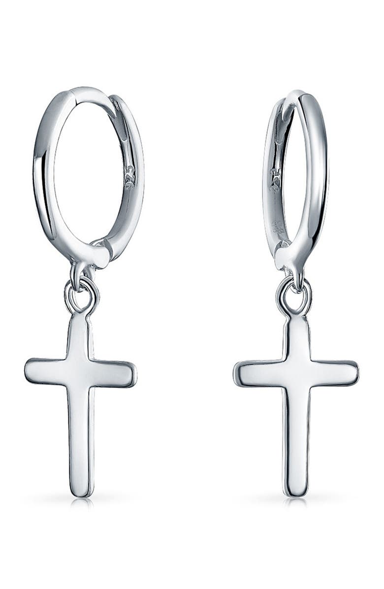 BLING JEWELRY Sterling Silver Cross Drop Huggie Hoop Earrings, Main, color, 