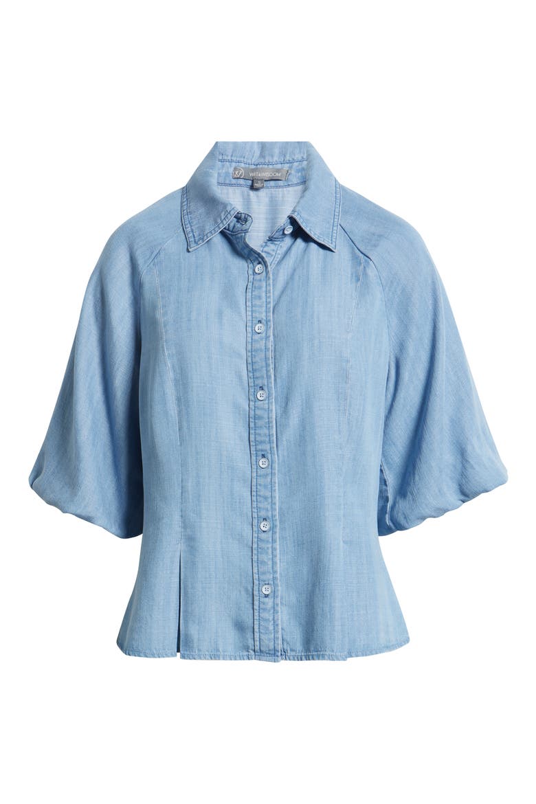 Bubble Sleeve Flare Button-Up Chambray Top, Alternate, color, LIGHT BLUE