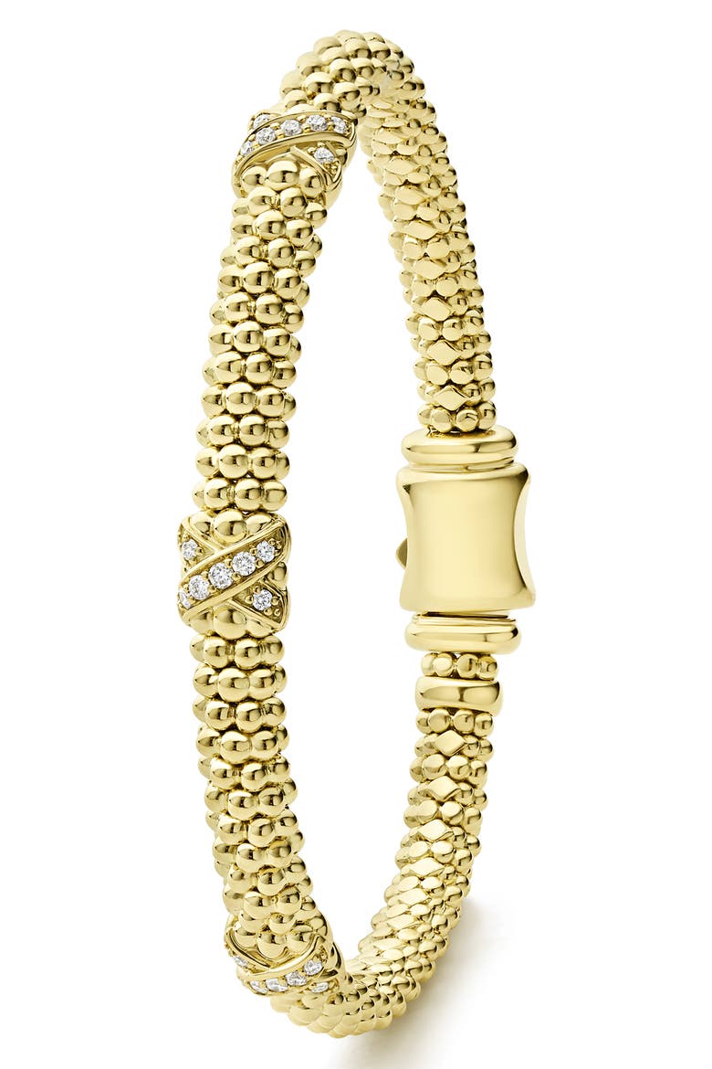Embrace Triple Diamond Station Caviar Beaded Bracelet, Alternate, color, GOLD