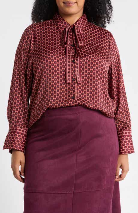 Tie Neck Satin Button-Up Shirt