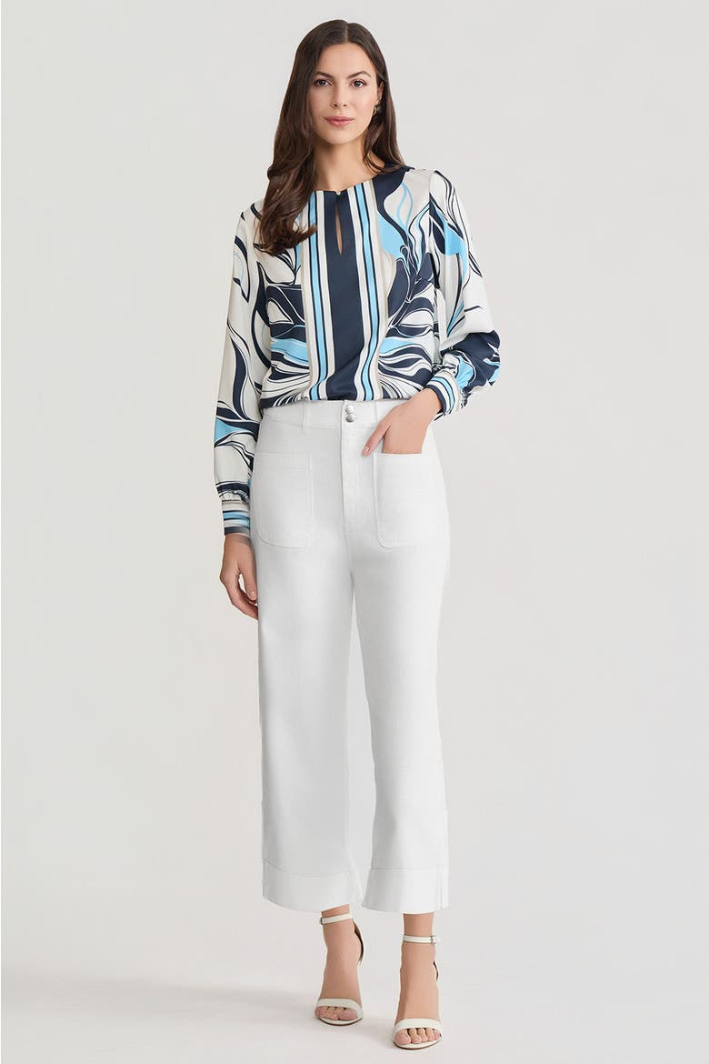 Floral Abstract Crepe de Chine Blouse, Alternate, color, Indigo/White/Serene