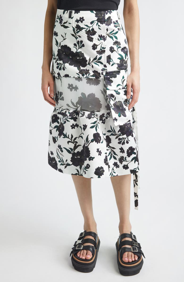 Sacai Mixed Media Floral Midi Skirt, Main, color, White