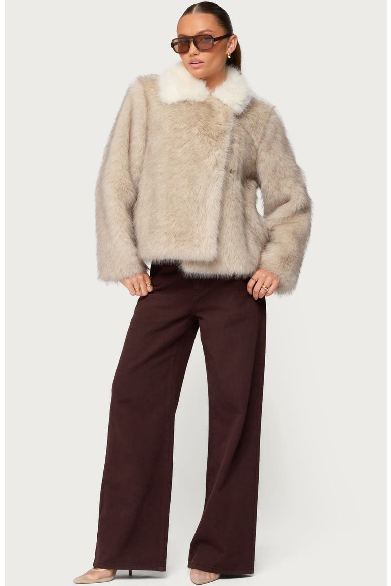 Contrast Collar Faux Fur Jacket, Alternate, color, TAN