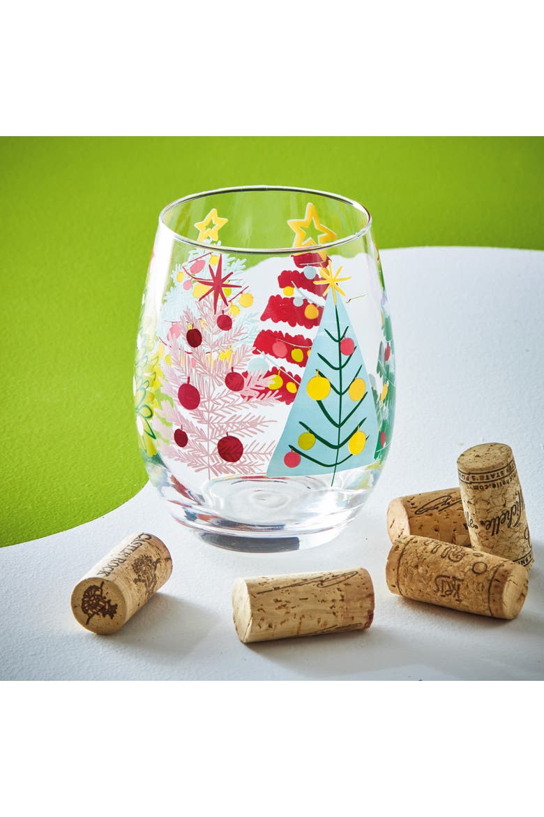 Groovy Trees Stemless Wine Glass Multi Glass 3 x 3 x 4.75 in Christmas, Alternate, color, Clear