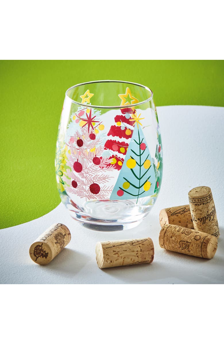 tag Groovy Trees Stemless Wine Glass Multi Glass 3 x 3 x 4.75 in Christmas, Alternate, color,