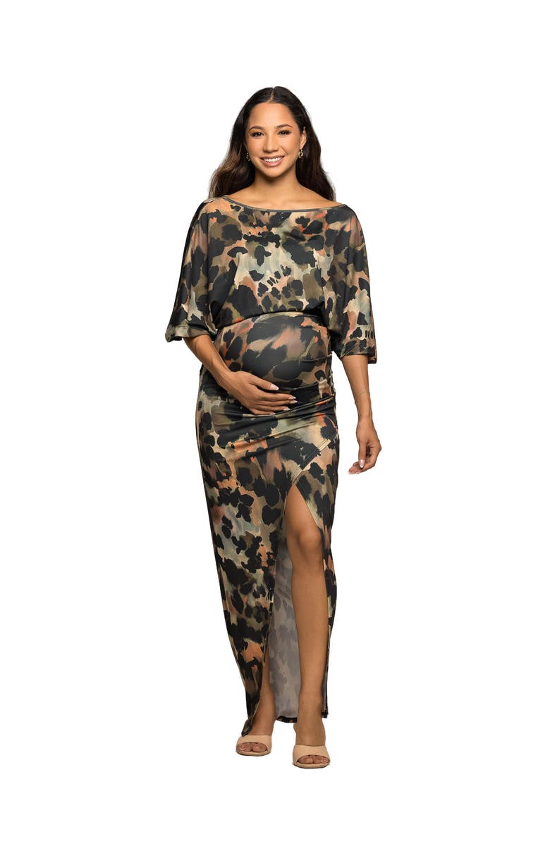 24seven Comfort Apparel Abstract Print Batwing Sleeve Maxi Dress with Slit, Main, color, Green Multi