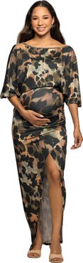 24seven Comfort Apparel Abstract Print Batwing Sleeve Maxi Dress with Slit