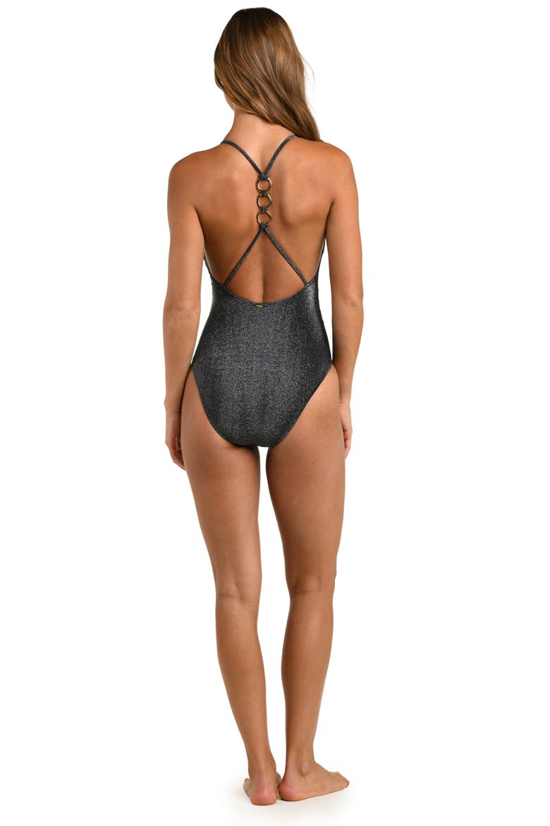Lisa Sparkle Plunge One-Piece Swimsuit, Alternate, color, BLACK