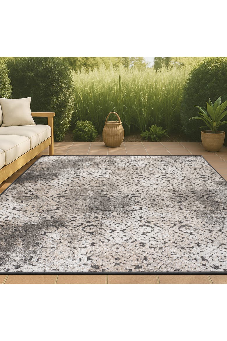 Duenas High-Low Shabby Damask Indoor/Outdoor Area Rug, Alternate, color, Cream/Beige/Dark Gray