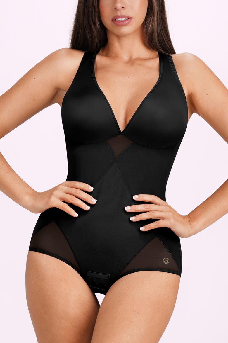 V-Neck Tummy Control Wire-Free Sculpting Brief Bodysuit, Alternate, color, Black