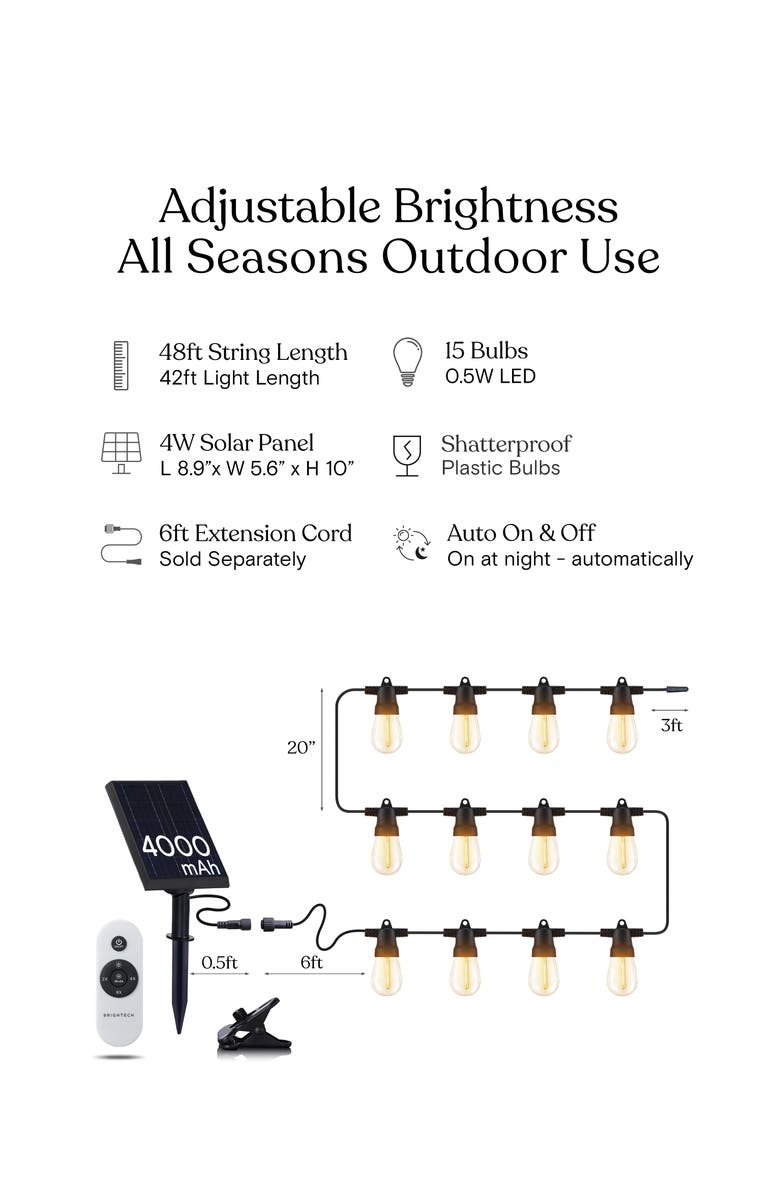 Brightech 27 ft or 48 ft, Solar‑Powered Heavy Duty LED Outdoor String Lights, Weatherproof and Shatterproof Bulbs, Alternate, color, 48 Ft 15 Bulbs | Soft White