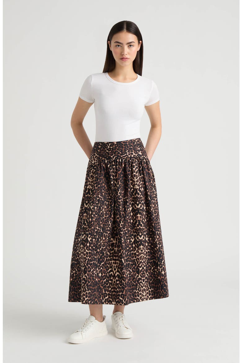 Poplin Gathered Midi Skirt, Alternate, color, LEOPARD